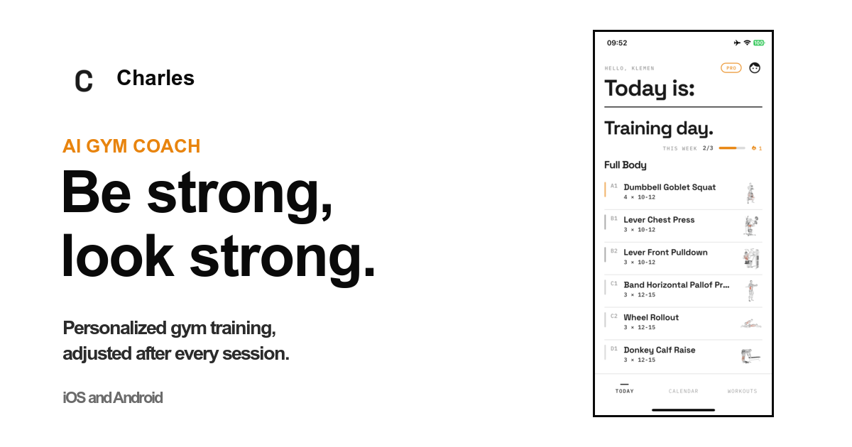 Charles · AI Gym Coach · Be strong, look strong